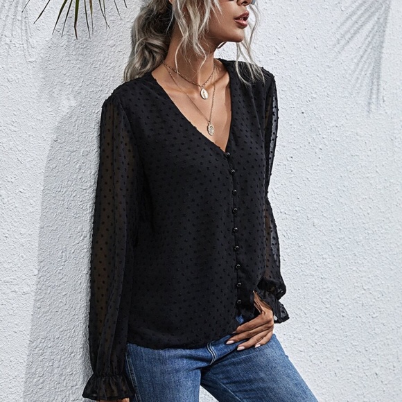 polka dot v neck button chiffon long sleeve top - Picture 5 of 11